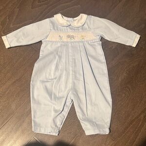 Petit Ami Pastel Blue Romperwith embroidered animals. Size 3-6 months